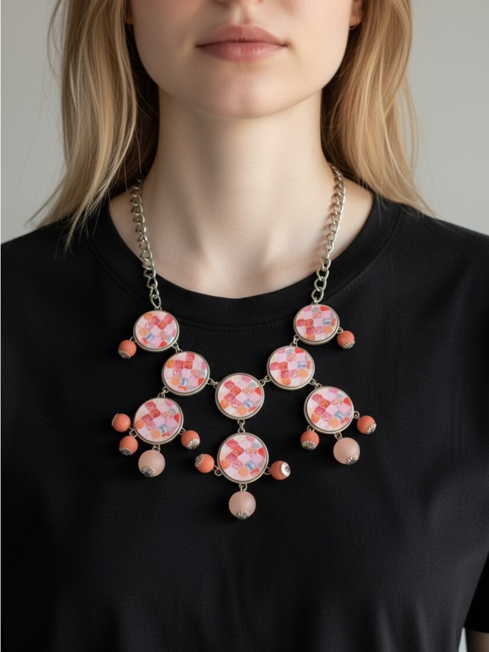 10/8 Statement Coral & Pink Mosaic Bib Necklace -